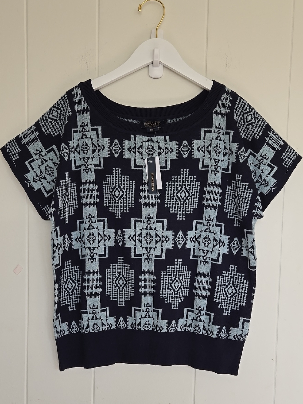 Pendleton Navy and Light Blue Geometric Knit Top Size L
